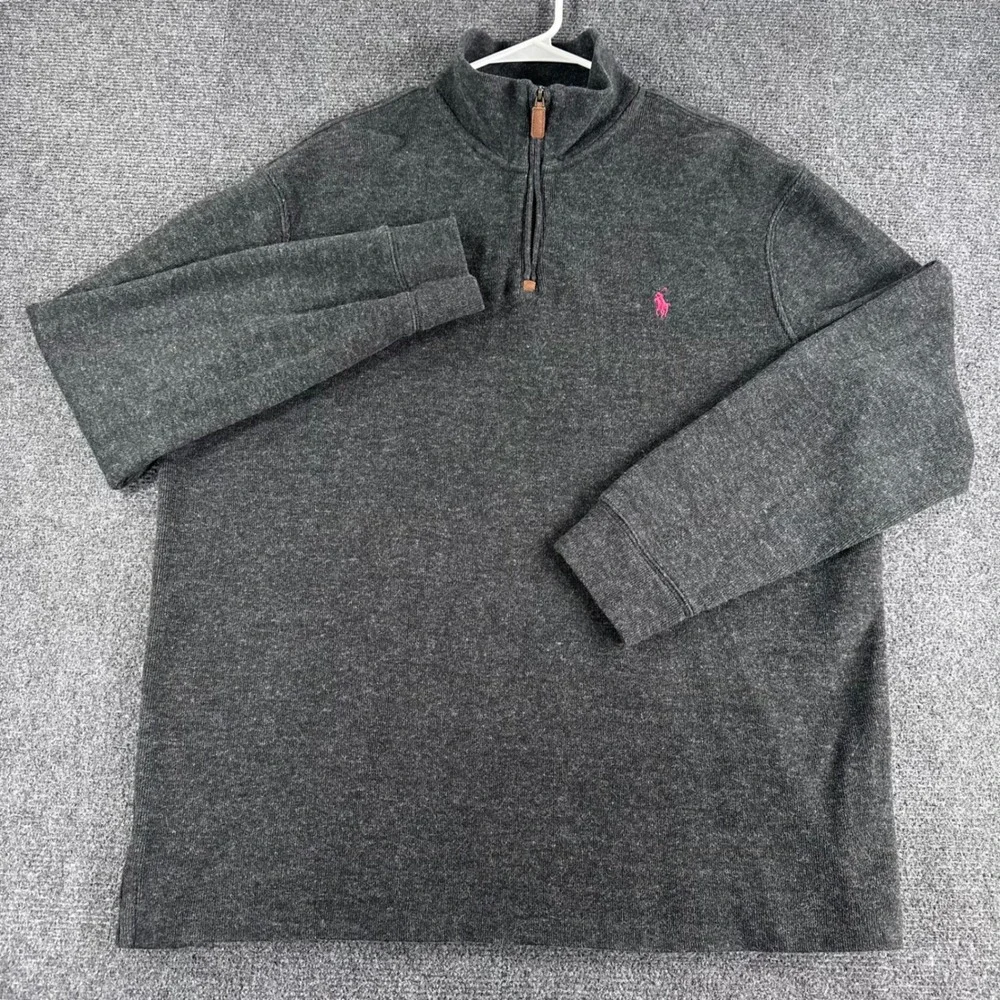Polo Ralph Lauren Quarter Zip Mens XL Extra Large Gray Pink Pony Cotton Sweater